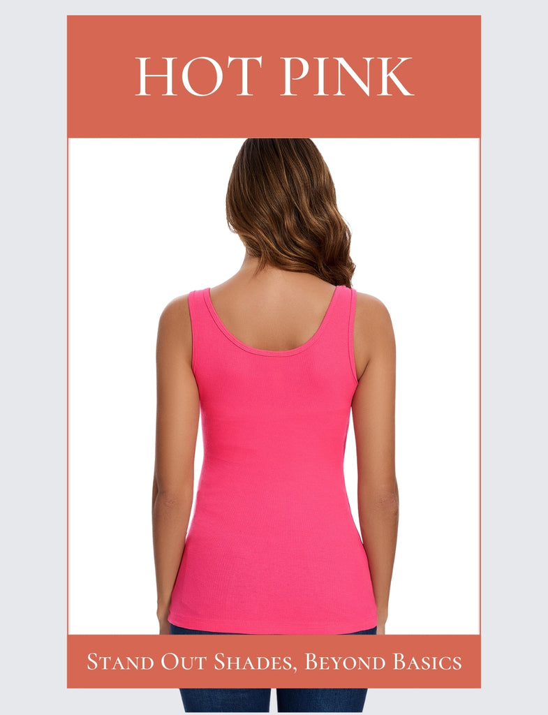 Hot Pink Cotton Ribbed Tank Tops for Women Scoop Neck Slim Fit