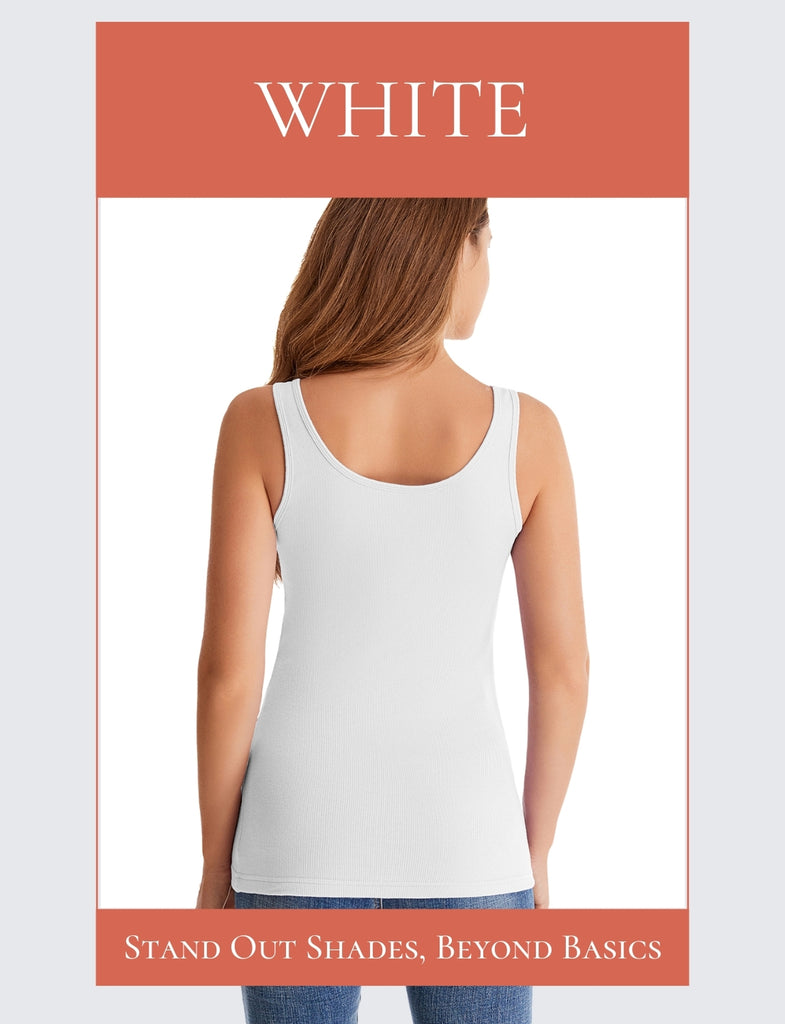 White Cotton Ribbed Tank Tops for Women Scoop Neck Slim Fit