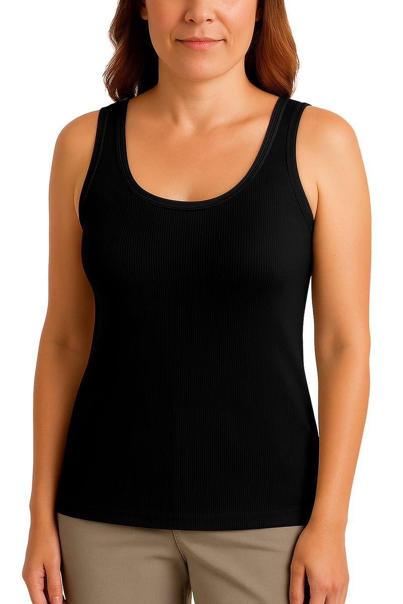 Black Cotton Ribbed Tank Tops for Women Scoop Neck Slim Fit