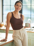 Brown Cotton Ribbed Tank Tops for Women Scoop Neck Slim Fit